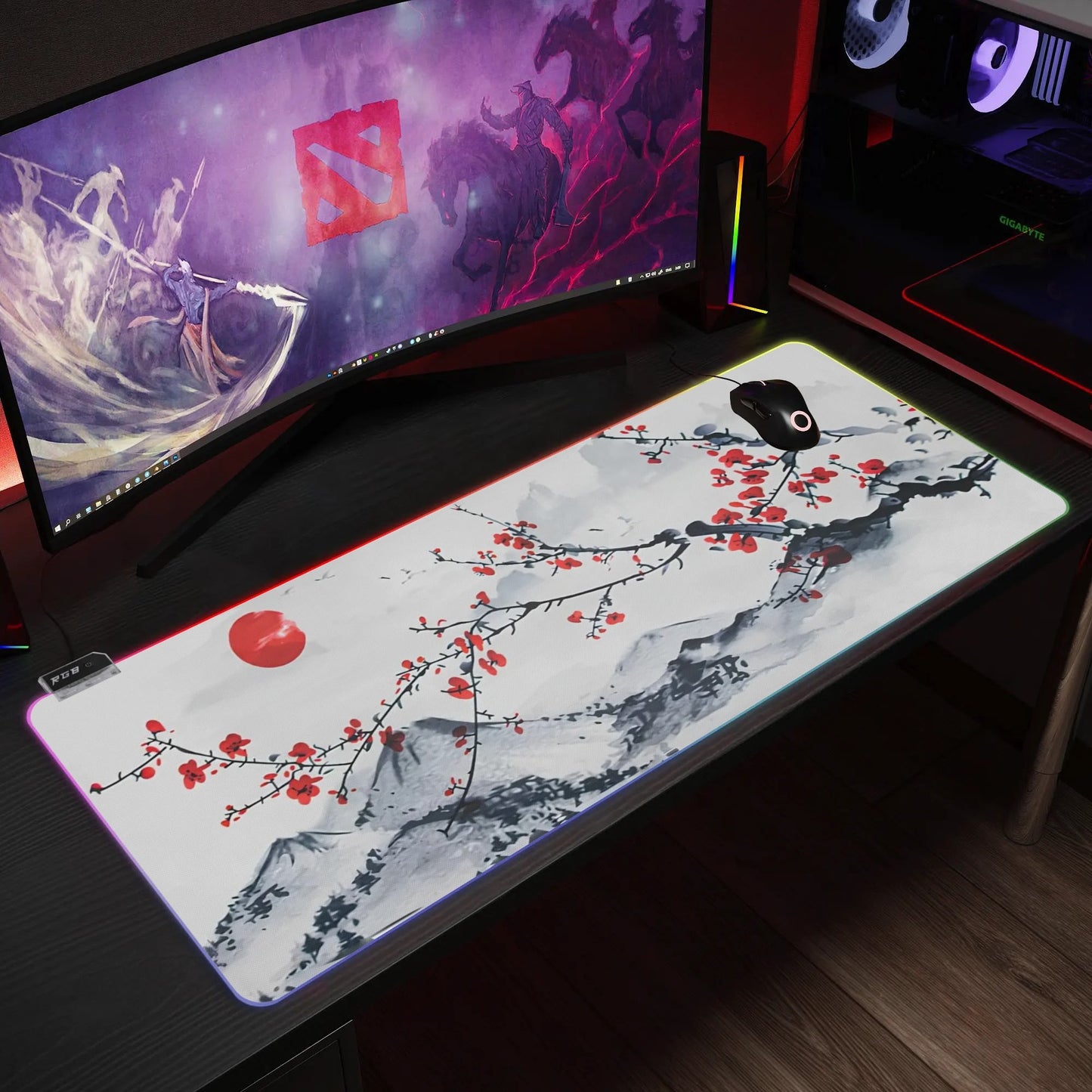 Watercolor Japanese Mounts Gaming Mouse Pad XL, Non Slip Rubber Base Mousepad, Stitched Edges Desk Pad, Extended Large Mice Pad,31.5 X 11.8 Inch.