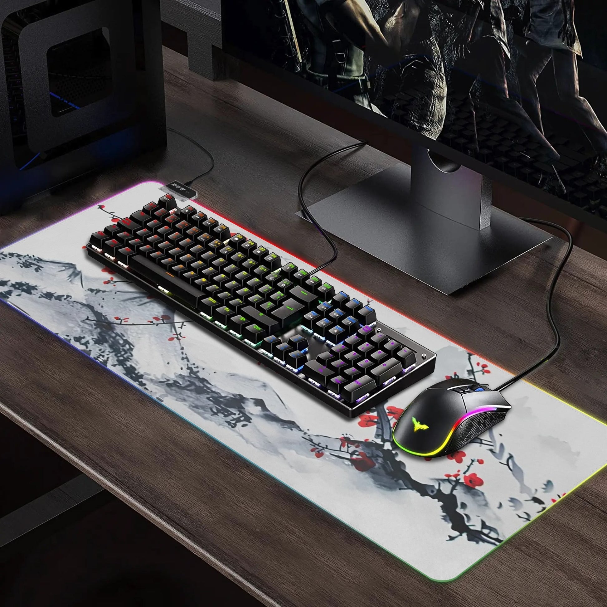 Watercolor Japanese Mounts Gaming Mouse Pad XL, Non Slip Rubber Base Mousepad, Stitched Edges Desk Pad, Extended Large Mice Pad,31.5 X 11.8 Inch.