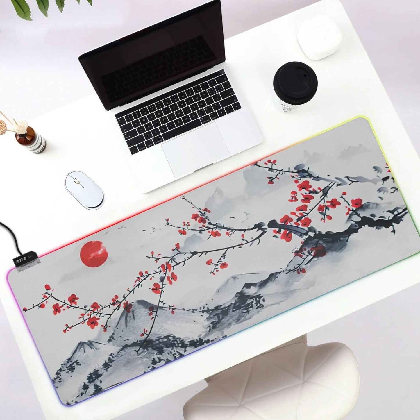 Watercolor Japanese Mounts Gaming Mouse Pad XL, Non Slip Rubber Base Mousepad, Stitched Edges Desk Pad, Extended Large Mice Pad,31.5 X 11.8 Inch.