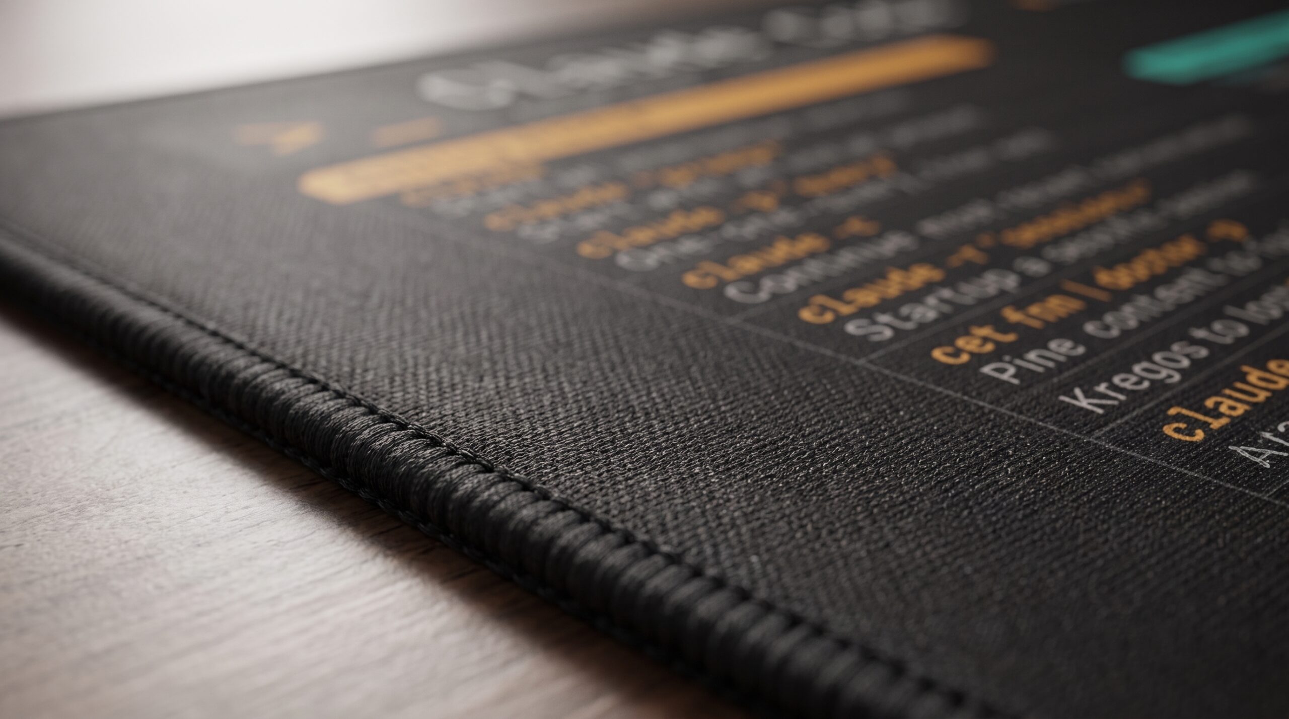 A black desk mat featuring a Claude Code cheat sheet with white, teal, and purple text, including terminal commands and shortcuts. A black mechanical keyboard and a black computer mouse are positioned on top of the mat.