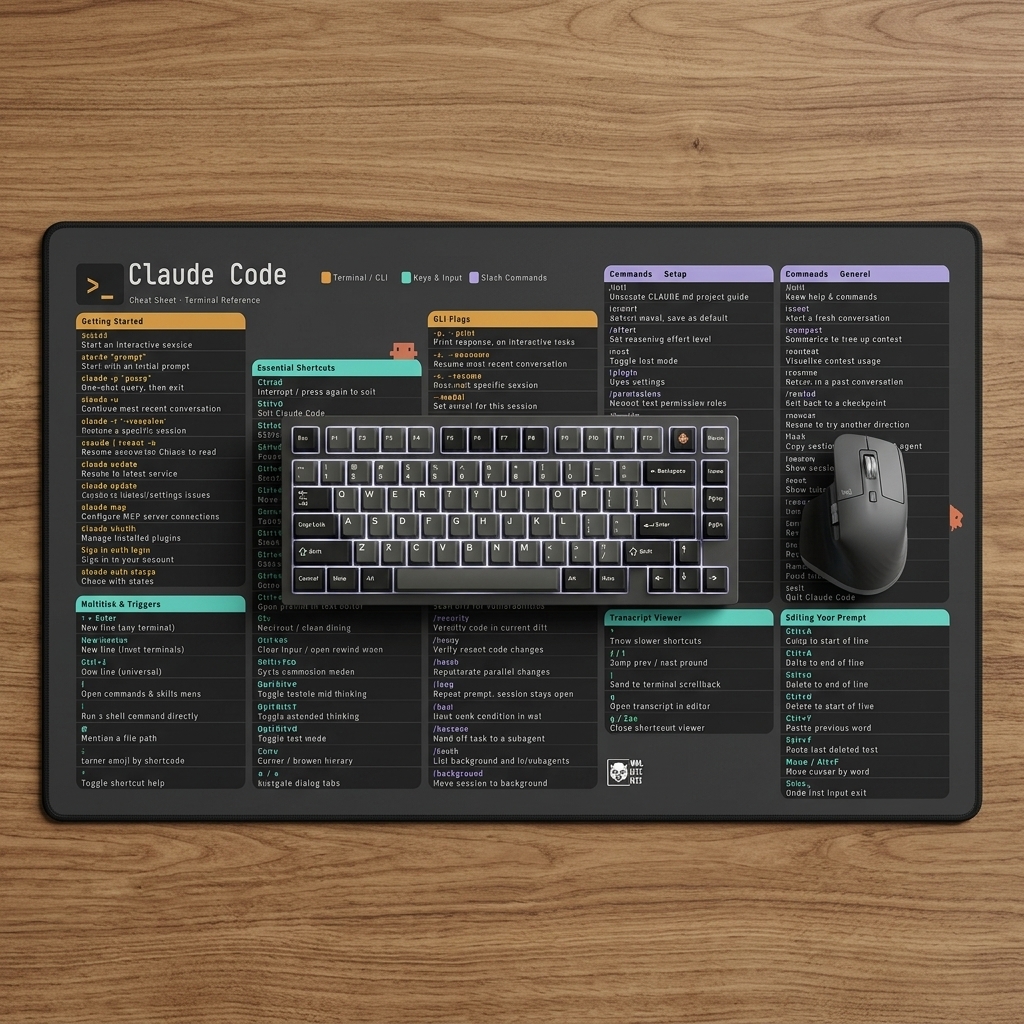 A black desk mat featuring a Claude Code cheat sheet with white, teal, and purple text, including terminal commands and shortcuts. A black mechanical keyboard and a black computer mouse are positioned on top of the mat.