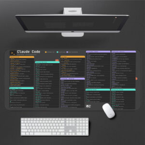 A black desk mat featuring a Claude Code cheat sheet with white, teal, and purple text, including terminal commands and shortcuts. A black mechanical keyboard and a black computer mouse are positioned on top of the mat.
